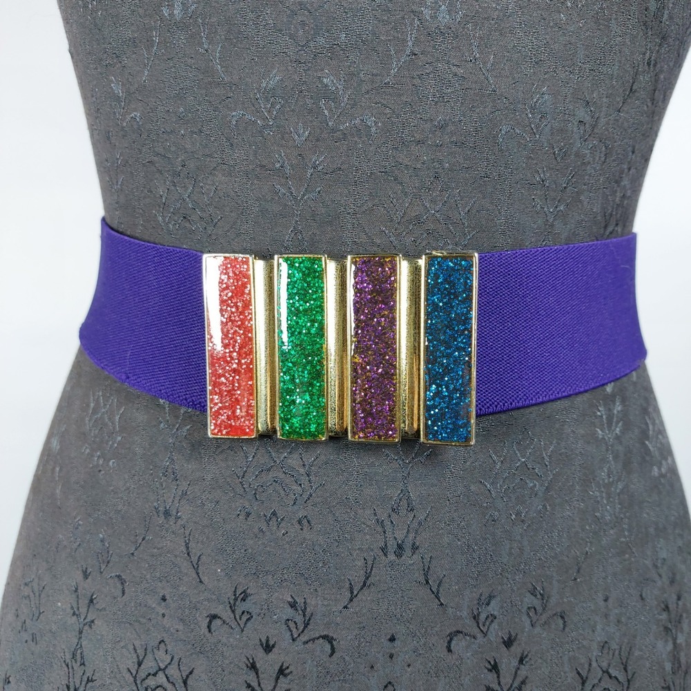 Vintage 80s Stretch Belt Enamel Glitter Bar Buckle Purple Elastic 2"x26" (Flat)
